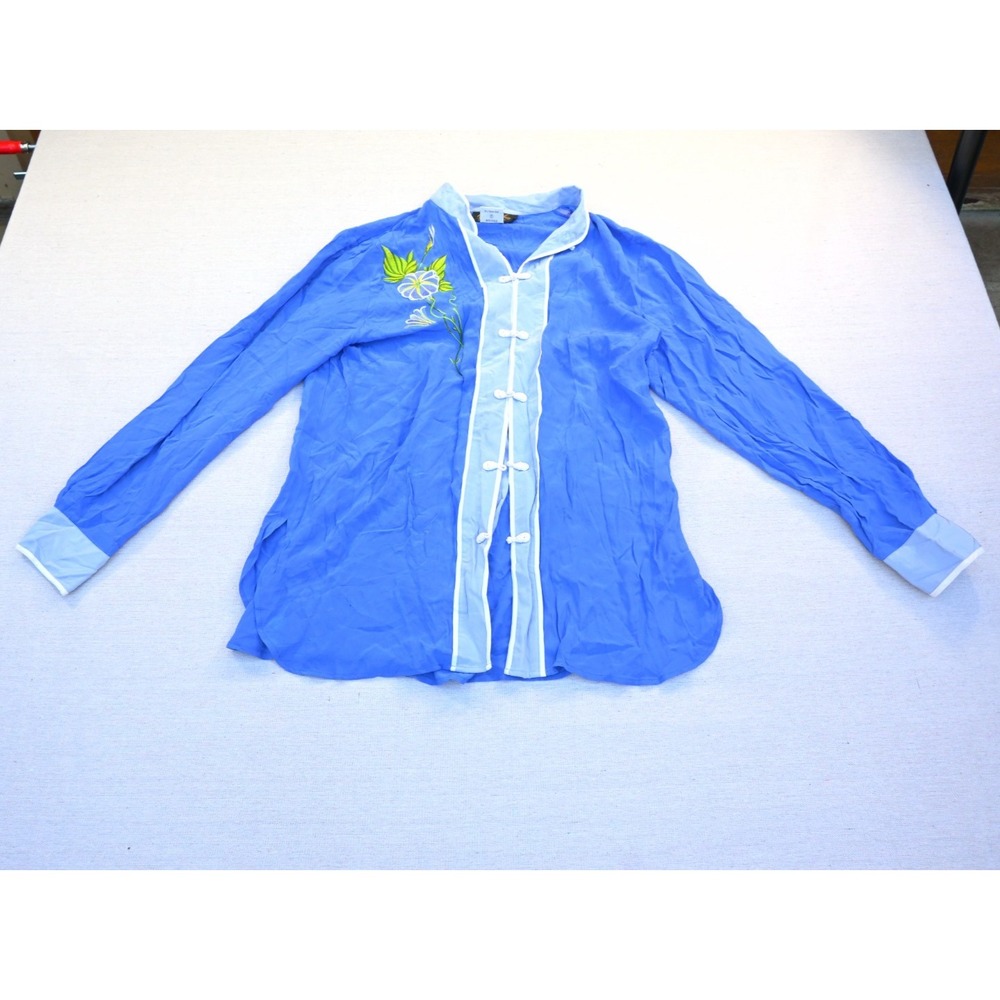 Bob Mackie Wearable Art Womens M 100% Silk Blue Blouse Frog Closure Elegant